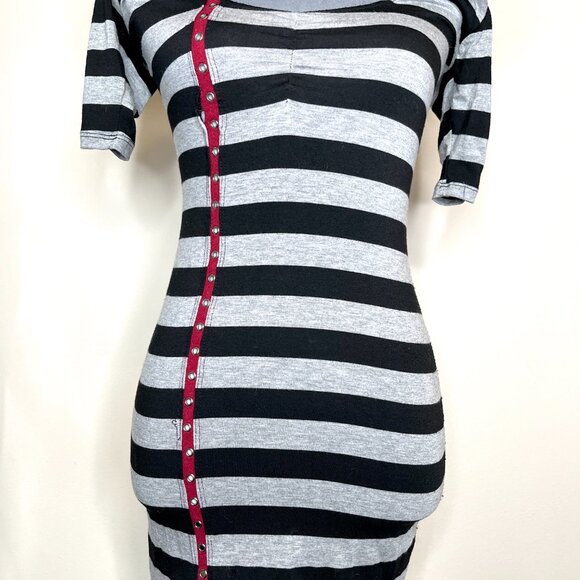 Shrinkle Fur Skull Hoodie Dress Small Black Gray Striped Studded y2k Punk Goth - Picture 7 of 14